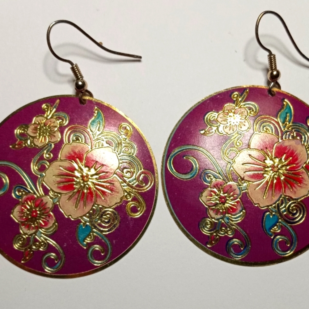 Vintage Cloisonne Pink Floral Drop Earrings Gold Tone Outlines Pierced Lobes